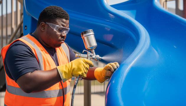 Focused industrial painter spray painting blue playground slide wearing safety goggles and protective vest, professional coating job outdoors with copy space for text