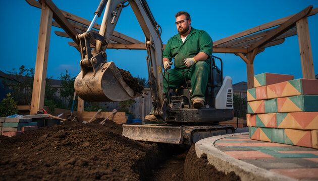 Skilled construction worker operating excavator digging soil at dusk building site, surrounded by colorful paving stones, professional landscaping trade with copy space for text