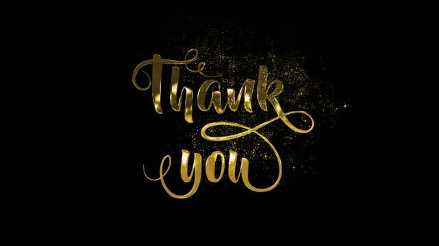Golden thank you inscription with gold particles and stars, transparent background