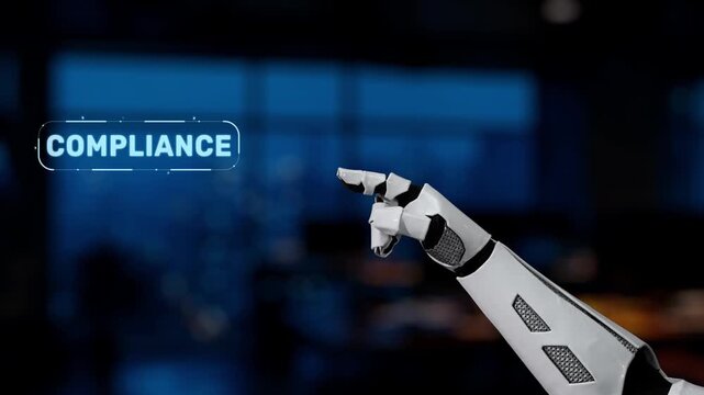 A futuristic robotic hand interacting with a digital compliance network, highlighting essential elements like governance, regulations, and standards crucial for businesses in technology. Synapse