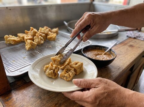 Hands preparing crispy batagor with peanut sauce, suitable for Indonesian culinary business, food preparation, restaurant operations and cooking education.