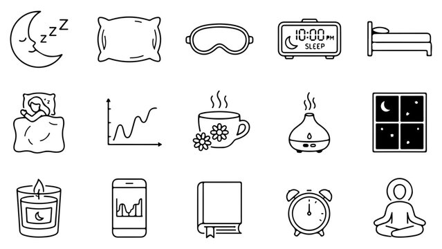 Set of black line icons about sleep routine health and night rest habits for lifestyle collection