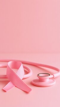 Pink ribbon and stethoscope on pastel background symbolizing breast cancer awareness and medical support