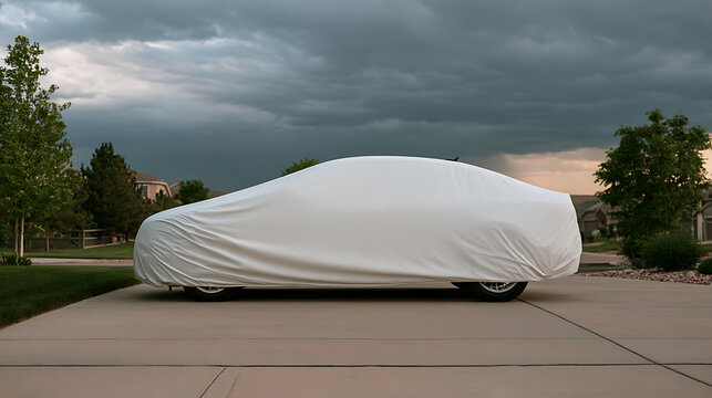 A sedan automobile parked on a residential concrete driveway outdoors underneath a dramatic stormy dark cloud sky during late afternoon weather