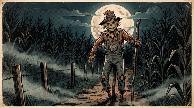 Mysterious scarecrow standing in a moonlit Halloween cornfield in a vintage horror comic style.