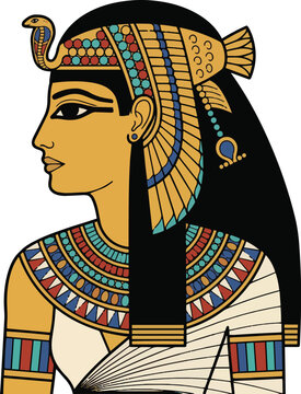 Egyptian queen Cleopatra profile illustration features traditional golden headdress with a cobra symbol and a colorful beaded collar ornament.
