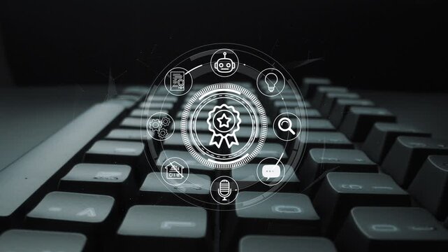 Futuristic Keyboard Concepts with Digital Icons Representing Technology, Innovation, and Achievement in a Modern Setting. Entropy.