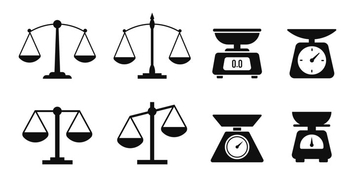 Set of black weighing scales and balance icons isolated on transparent background