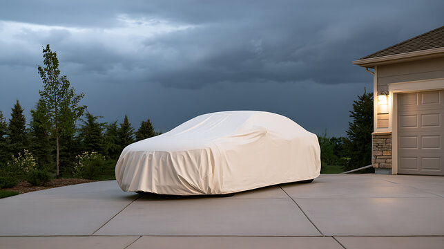 A sleek modern automobile protected underneath a light colored dust cover parked on concrete driveway near residential garage before storm