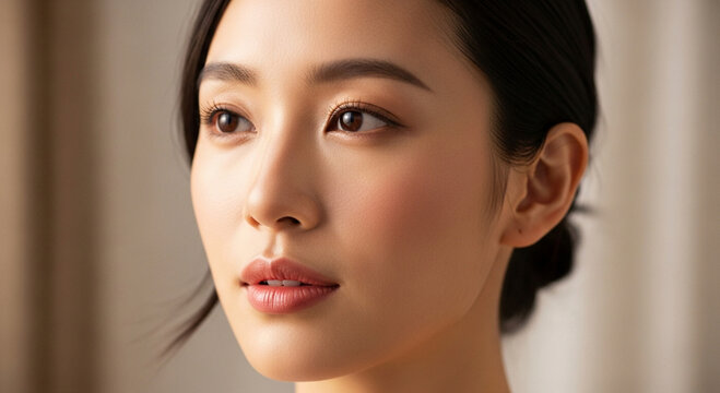 Close up portrait of a beautiful young Asian woman with flawless skin and subtle makeup looking to the side