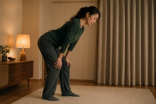 夜の部屋で軽く前屈する女性のリラックス習慣