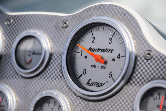 Lindesnes, Norway - June 18 2026: Close up of boat tachometer and dashboard gauges.