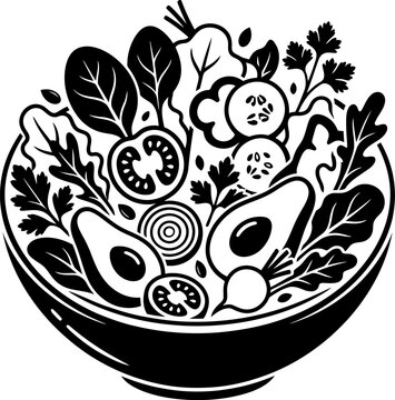Fresh salad bowl with vegetables in black and white vector style vegetable nutrition vegetarian cucumber illustration restaurant wellness lifestyle delicious