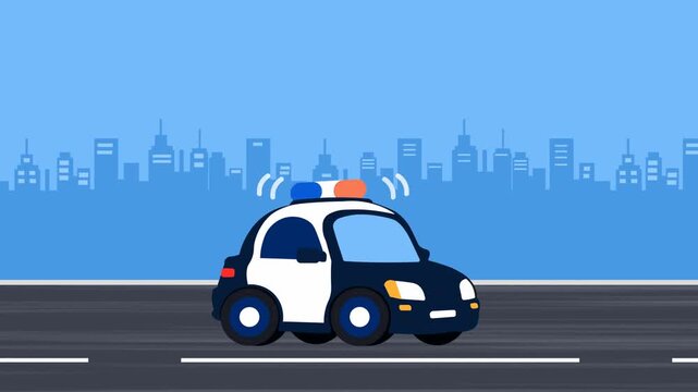  Animation Of A Cute Police Car Moving Quickly Along A City Road With A Flashing Emergency Siren In A Simple Flat Cartoon Style.