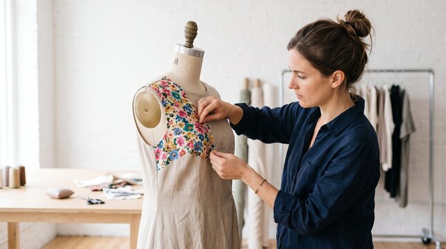 Fashion designer working on a floral pattern dress on a mannequin in a studio