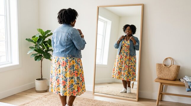 Woman in floral dress and denim jacket checks her outfit in a full length mirror