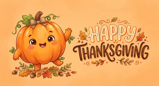 Cute happy thanksgiving pumpkin character waving with fall leaves and acorns.