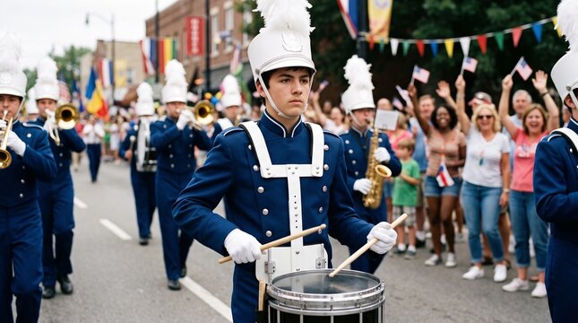 Marching band performs in a parade with spectators waving flags
