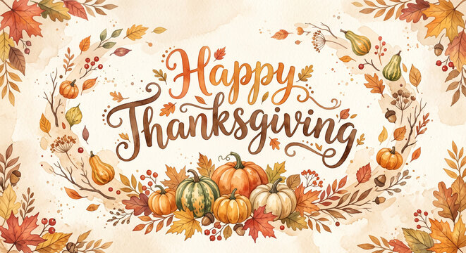 Happy thanksgiving hand lettering with autumn leaves and pumpkins for seasonal greeting card and invitation design.