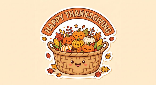 Cute happy thanksgiving basket illustration filled with smiling pumpkins and fall elements.