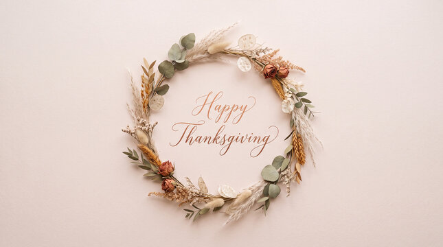 Happy thanksgiving text within a rustic floral wreath of dried flowers and eucalyptus.