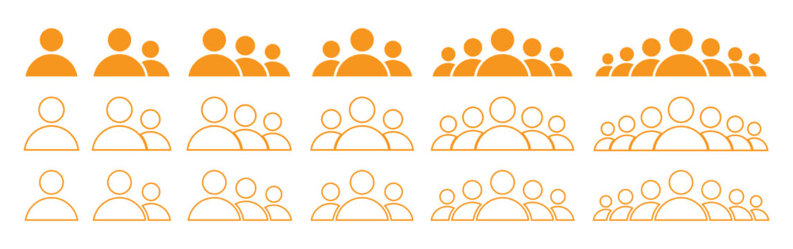 Set of orange user group icons showing increasing number of people in solid and outline styles isolated on transparent background