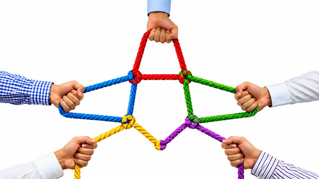 Teamwork concept five business people holding connected colorful ropes. Collaboration, unity, and partnership in business networking.