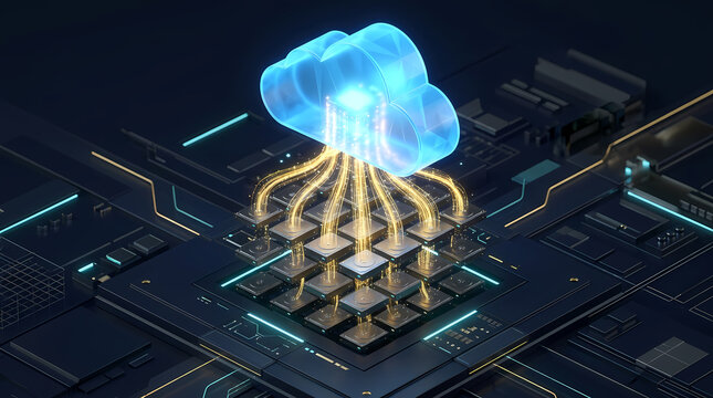 Isometric 3d render of glowing cloud connected to data server grid with golden optical light streams