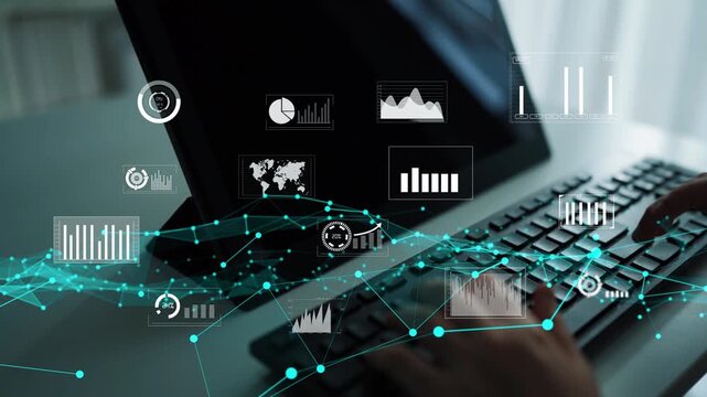 This image showcases a modern data analysis scene featuring graphs and charts on a computer screen, emphasizing digital networks and technology interactions. Xenic