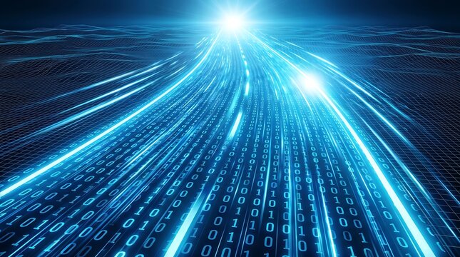 Abstract digital tunnel of binary code flowing towards a bright light source futuristic technology background