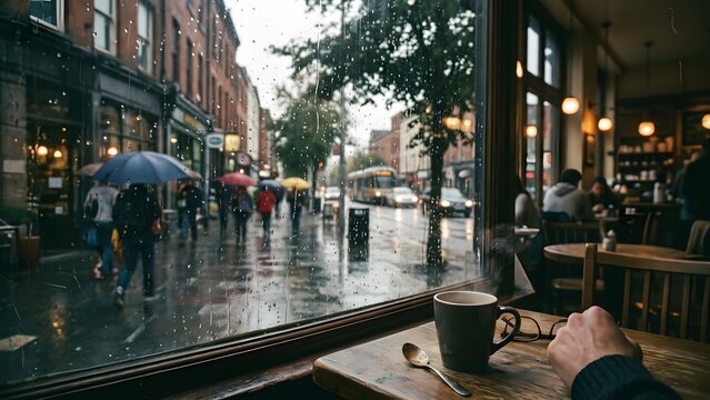 Cozy coffee shop view of rainy city street through window with raindrops