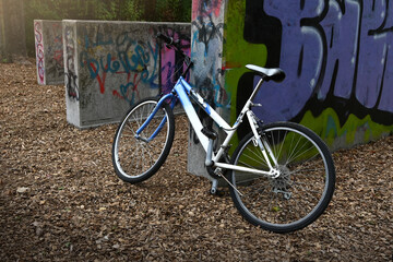 An old, rusty vintage bicycle stands in a public park in front of concrete blocks covered in graffiti. © Robert
