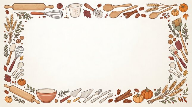 Autumn Baking Tools and Harvest Items Border Frame Illustration