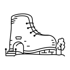 Obraz premium hand drwan icon showing a shoe museum. Clean black hand drwan work, simple details, and open white space create a clear, balanced urban or lifestyle composition.