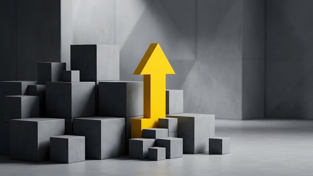 Concept of growth and success with a bright yellow arrow rising above a stack of gray cubes in a modern, minimalist setting