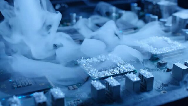 Extreme computer processor cooling with liquid nitrogen, frozen cpu hardware overclocking concept, high-tech thermal management and pc performance