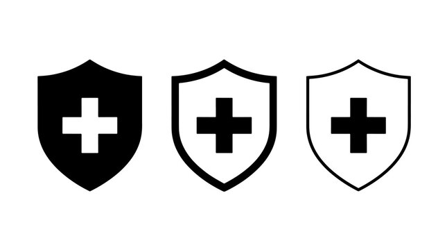 Medical shield vector icons set with cross symbols for healthcare safety