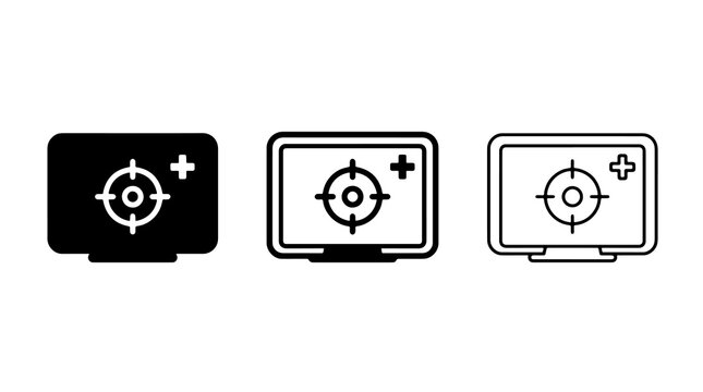 Icon set of television with crosshair target and plus symbol vector sign