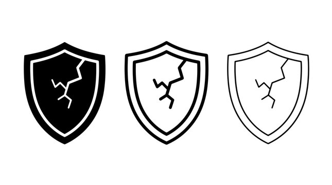 Broken shield vector icon set depicting security breach and vulnerability