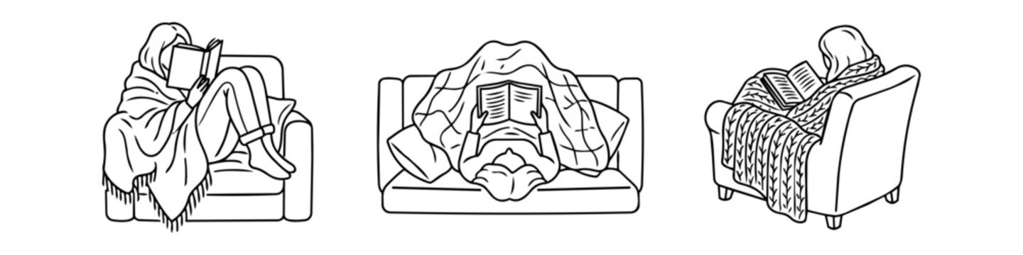 Vector line art set of people reading books while relaxing on a sofa and armchairs under cozy blankets. Minimalist hand-drawn illustrations for hygge home leisure and literature concepts.