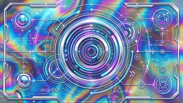 Abstract futuristic digital interface with concentric circles and holographic background