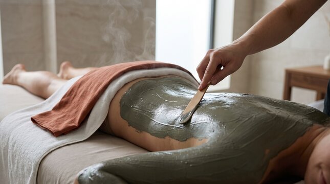 Therapist applying gray-green mineral mud to a client during a professional spa body wrap, cinematic wellness treatment with warm compress and natural window light