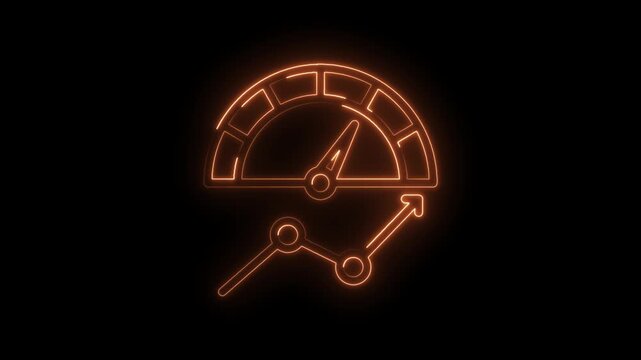 Glowing orange neon speedometer icon with upward trending graph arrow symbolizing speed