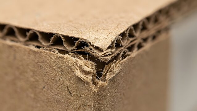 Close-up of the corrugated edge of a cardboard box with a worn corner