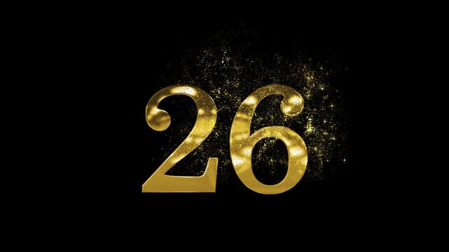 Banner of golden number 26 made of golden particles and transparent background, twenty six
