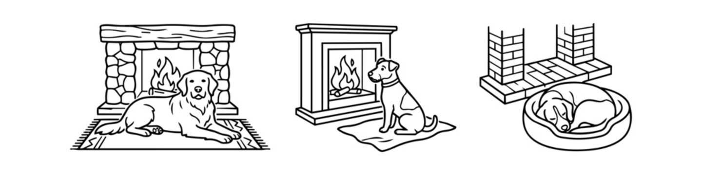 Set of black and white line art illustrations of dogs relaxing by a cozy fireplace. Minimalist vector drawings of pets in warm home scenes, perfect for coloring pages or icons.