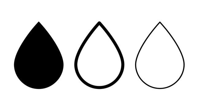 Water drop vector icons set in black silhouette and clean outline style
