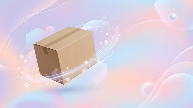 Digital art of a brown cardboard box floating and moving with a soft pastel background and light particles