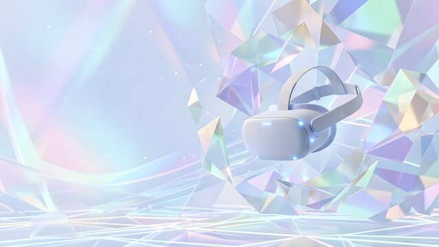 Virtual reality headset floating in abstract digital landscape with geometric crystal shards and iridescent light