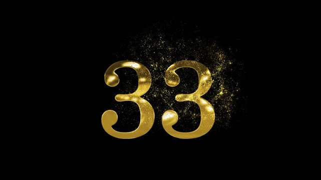 Banner of golden number 33 made of golden particles and transparent background, thirty three
